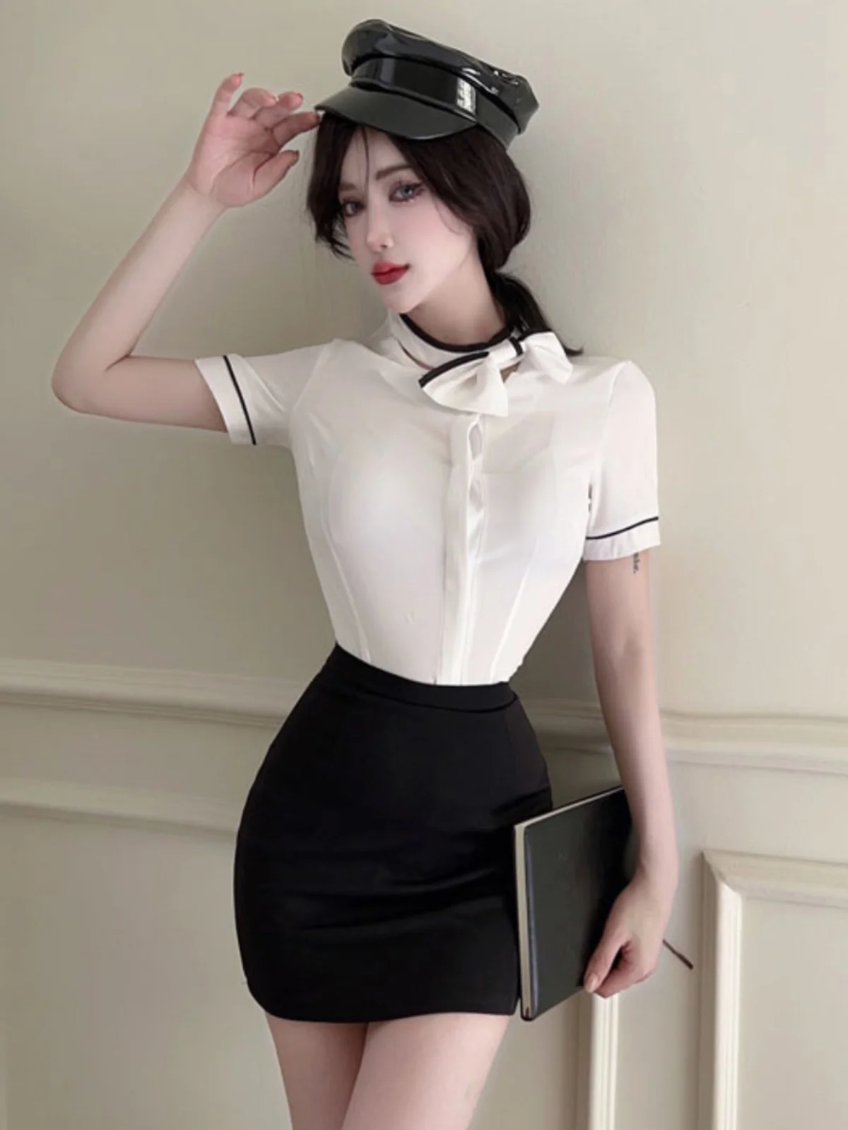 Gracie's Uniform Short Sleeve Shirt And High Waist Skirt Two-Piece Set Fashionable Air Stewardess Jk Workwear Cotton Blend