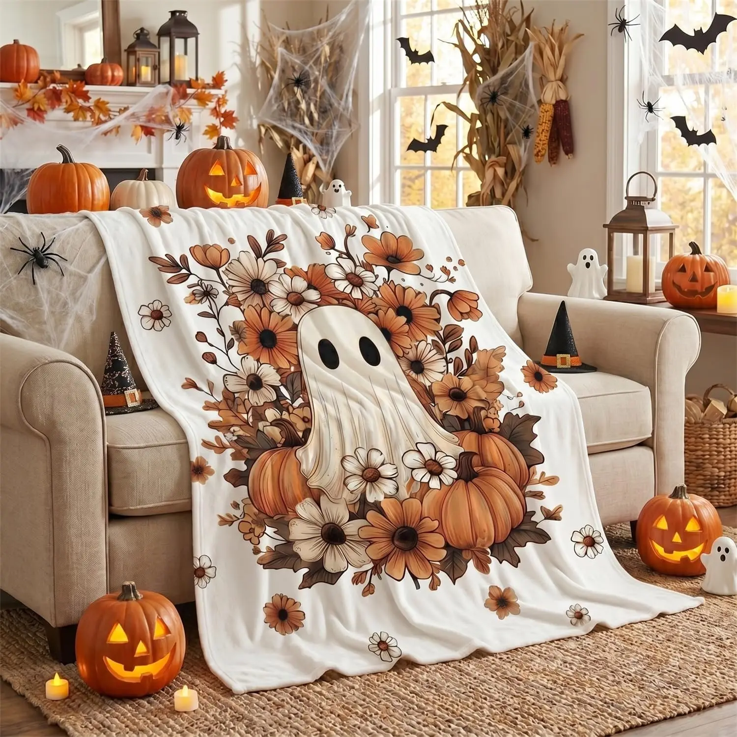 Horaldaily Halloween Pumpkin Flower Ghost Flannel Throw Blanket 50x60
