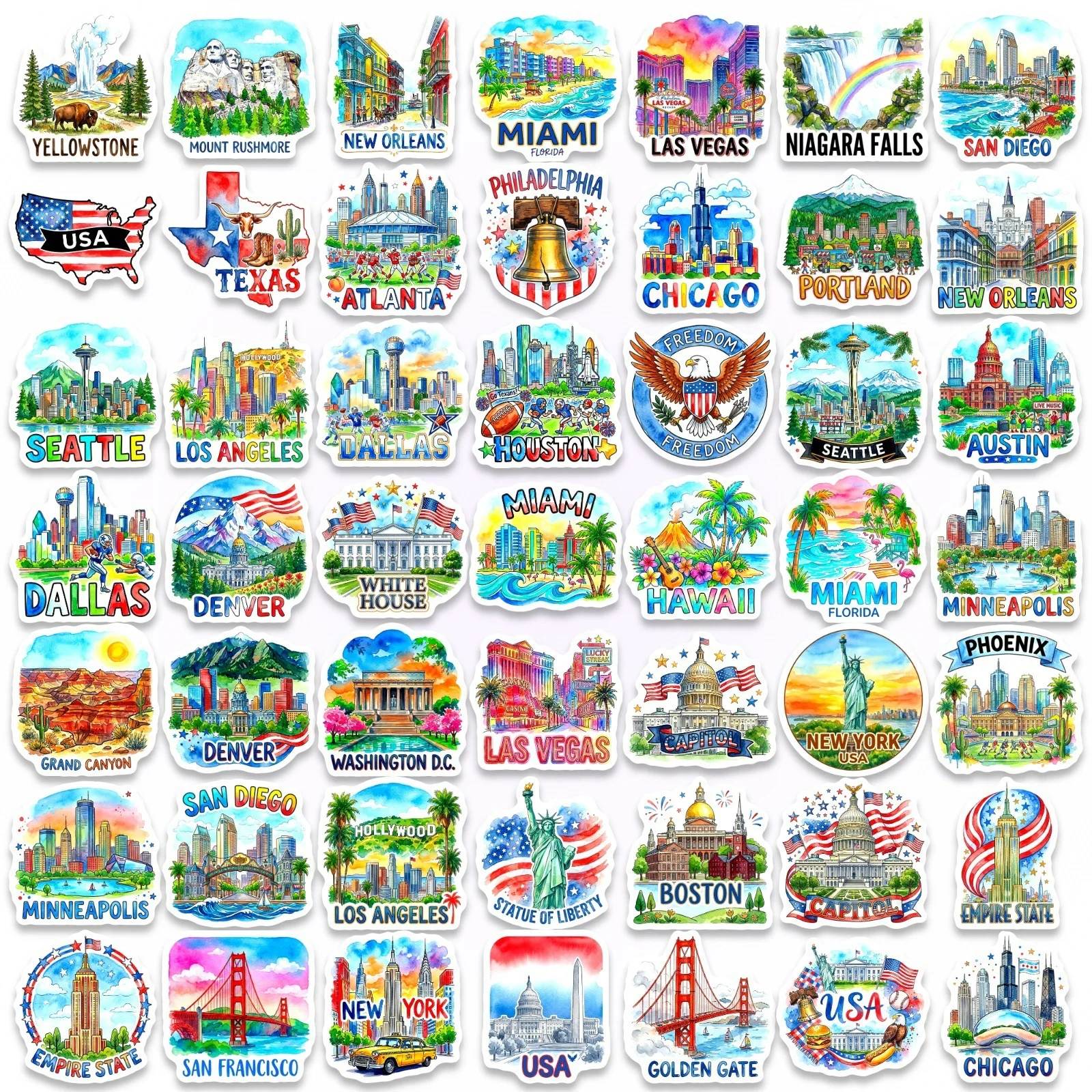 50-Piece Famous USA City Landmarks Building Stickers Waterproof Graffiti Sticker Notebook Guitar Notebook Stationery