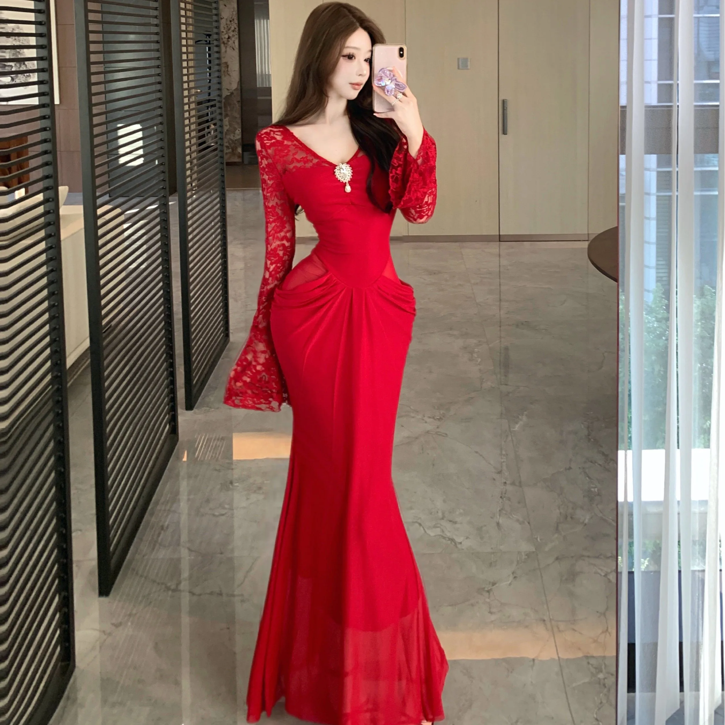 Ele High Waist Lace Wrap Dr Slim Fit V Ne Red Sexy  Dr Autumn Winter Inner Wear Dr Ladies Faion Dr