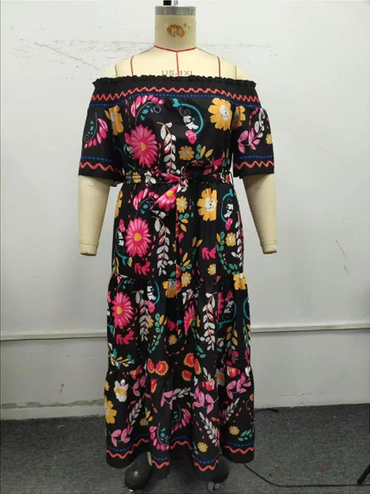 GIBSIE Plus Size Floral Print Boho Off Shoulder Dress For Women 2025 Summer Beach Vacation Big Swing A-Line Belted Long Dresses