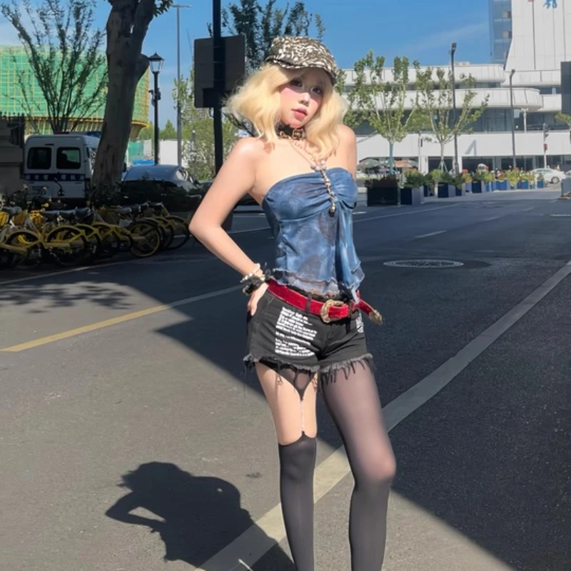 Original Retro Hot Girl Style Tie-Dye Print Ruched Strap Halter Women's Vest Gothic Summer New Sexy Beaded Sleeveless Top Ladies