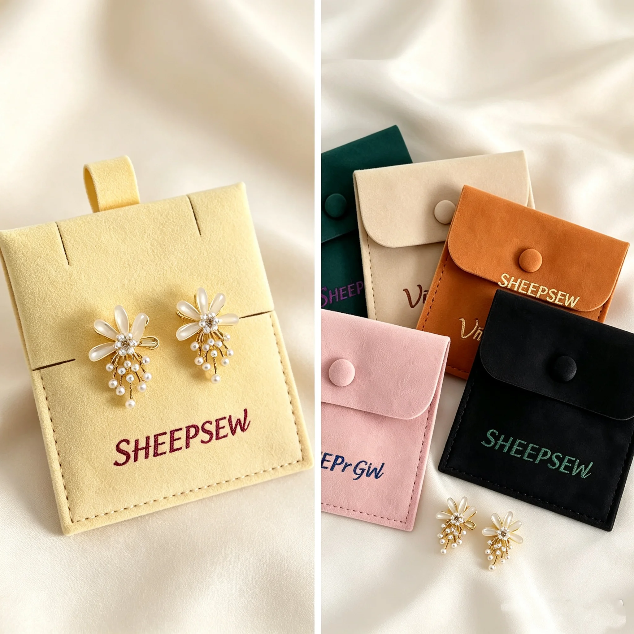 20/50/100pcs Custom Jewelry Gift Bag Microfiber Velvet Flap Snap Pouch Brooch Cosmetic Earrings Ring Stud Pendant Necklace Organ