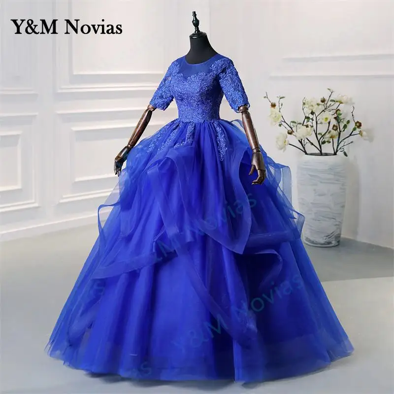 Y&M Novias New Fashion Plus Size Blue Wedding Dresses Half Sleeve Sweet and ruffles in a few rows Bridal Gowns White Ivory Lace