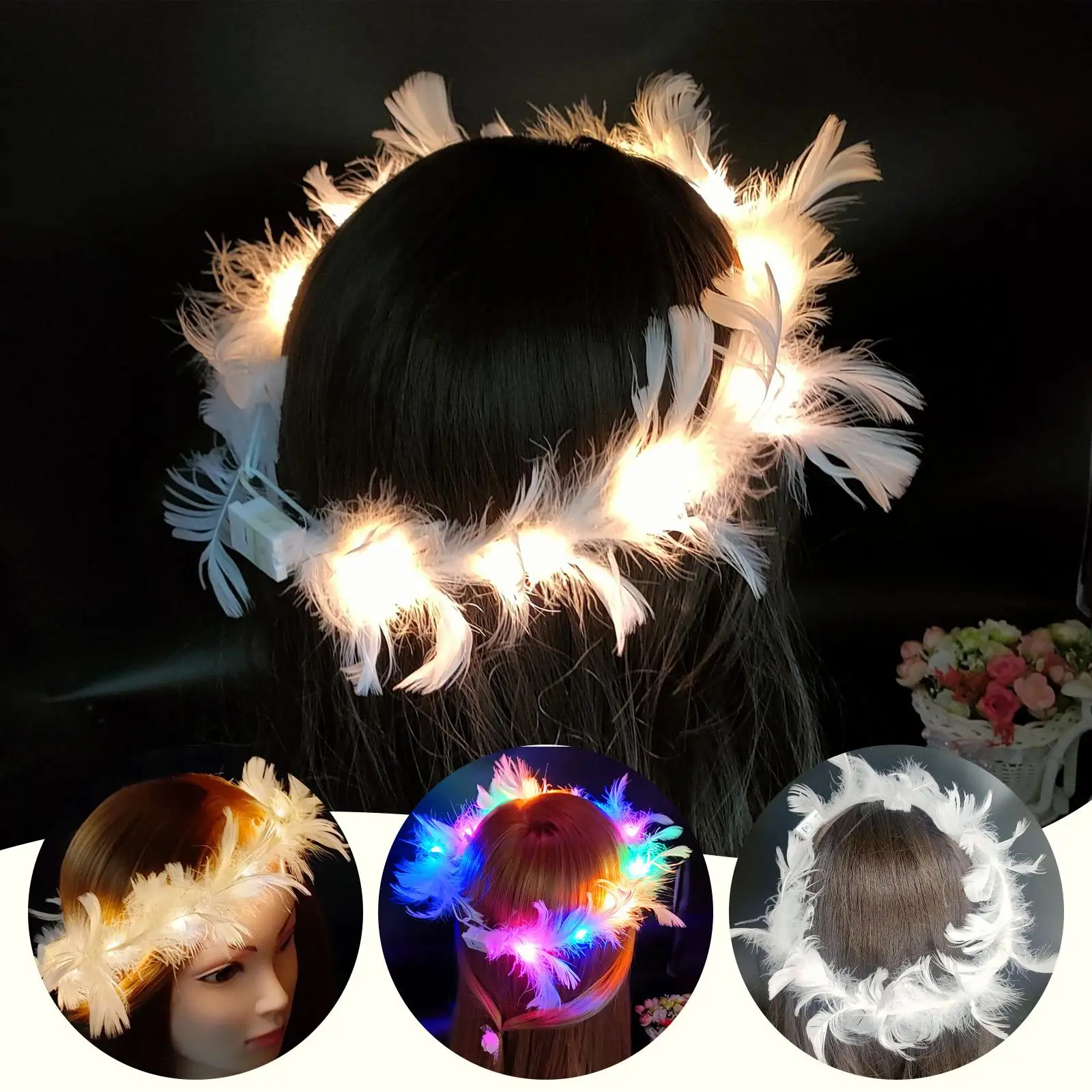 LED Feather Wreath Crown Headband Light-Up Angel Halo Headband Luminous Headdress For Women Girls Wedding Christmas Party Gift