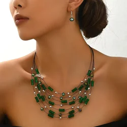 Colorful Natural Stone Beads Necklaces Earrings Set Women Multilayer Choker Necklace Women Crystal Earring Jewelry Sets Bohemian
