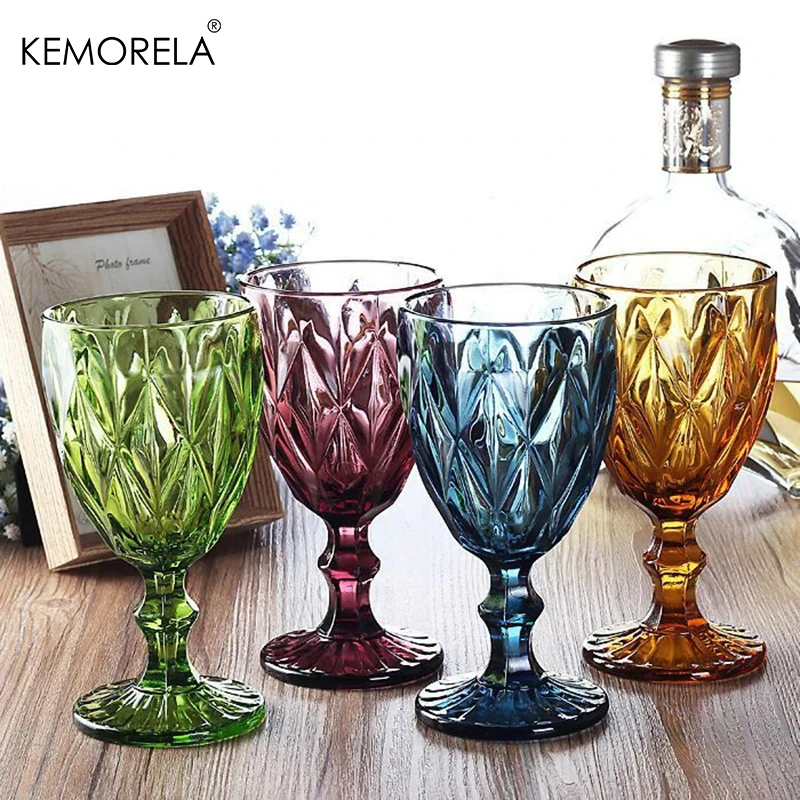 2/4PCS Set Carved Goblet Whiskey Red Wine Glasses Thicken Multicolor Retro Heat-Resistant Cocktail Juice Champagne Glass Cups