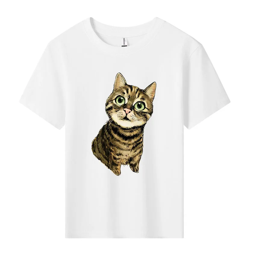 Cartoon T-shirts Boys And Girls Round Neck Short Sleeve Tops Cute Cat Graphic Printed Cotton Casual Pullover Kids Summer Wear