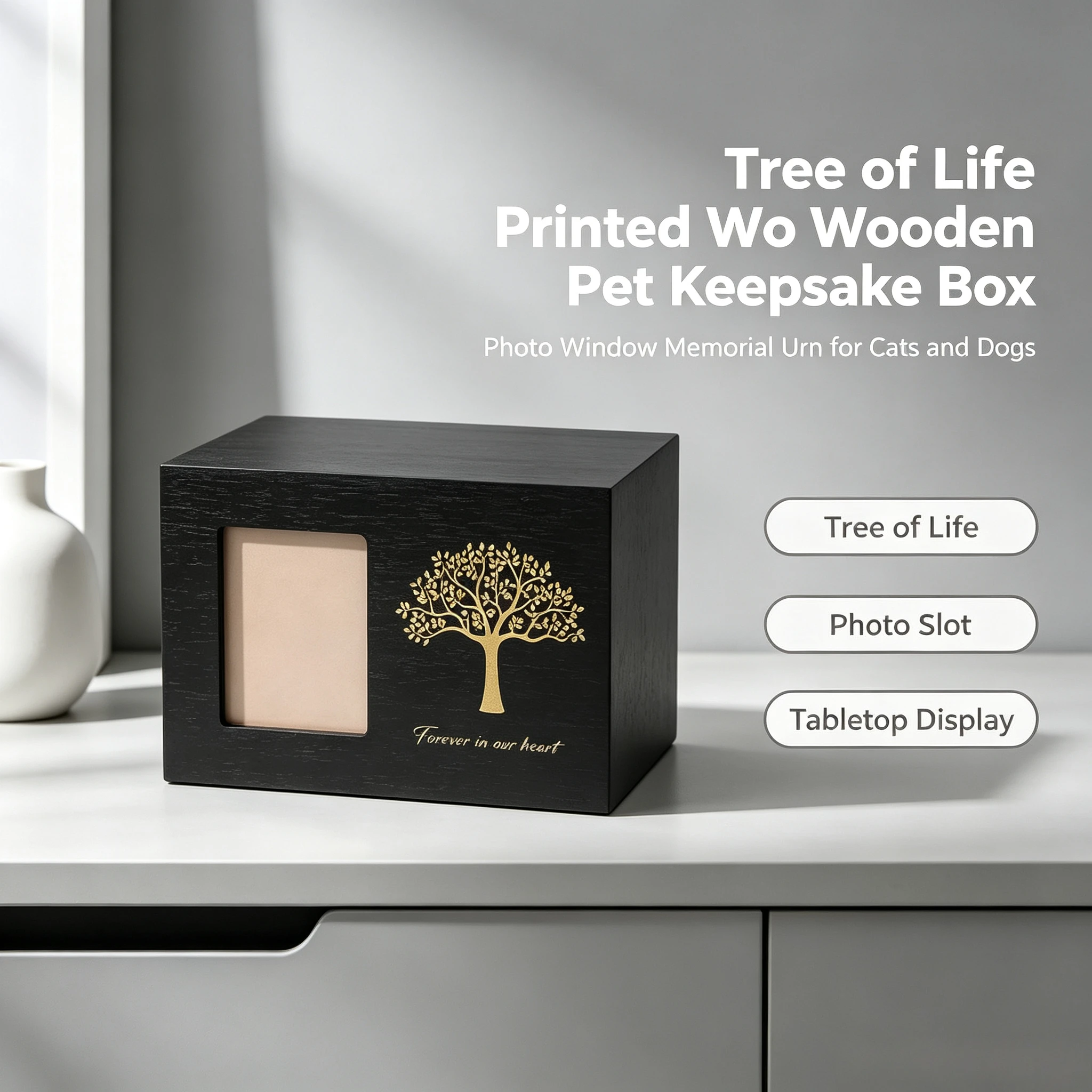 Meaningful Dark Timber Furry Companion Tribute Caddy, Recessed Photo Nook, Tree Etched Vessel for Desktop Remembrance