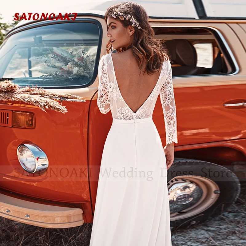 Vestido De Novia De encaje con cuello en V para mujer, vestido De Novia elegante, línea A, Espalda descubierta, mangas largas, tren De barrido