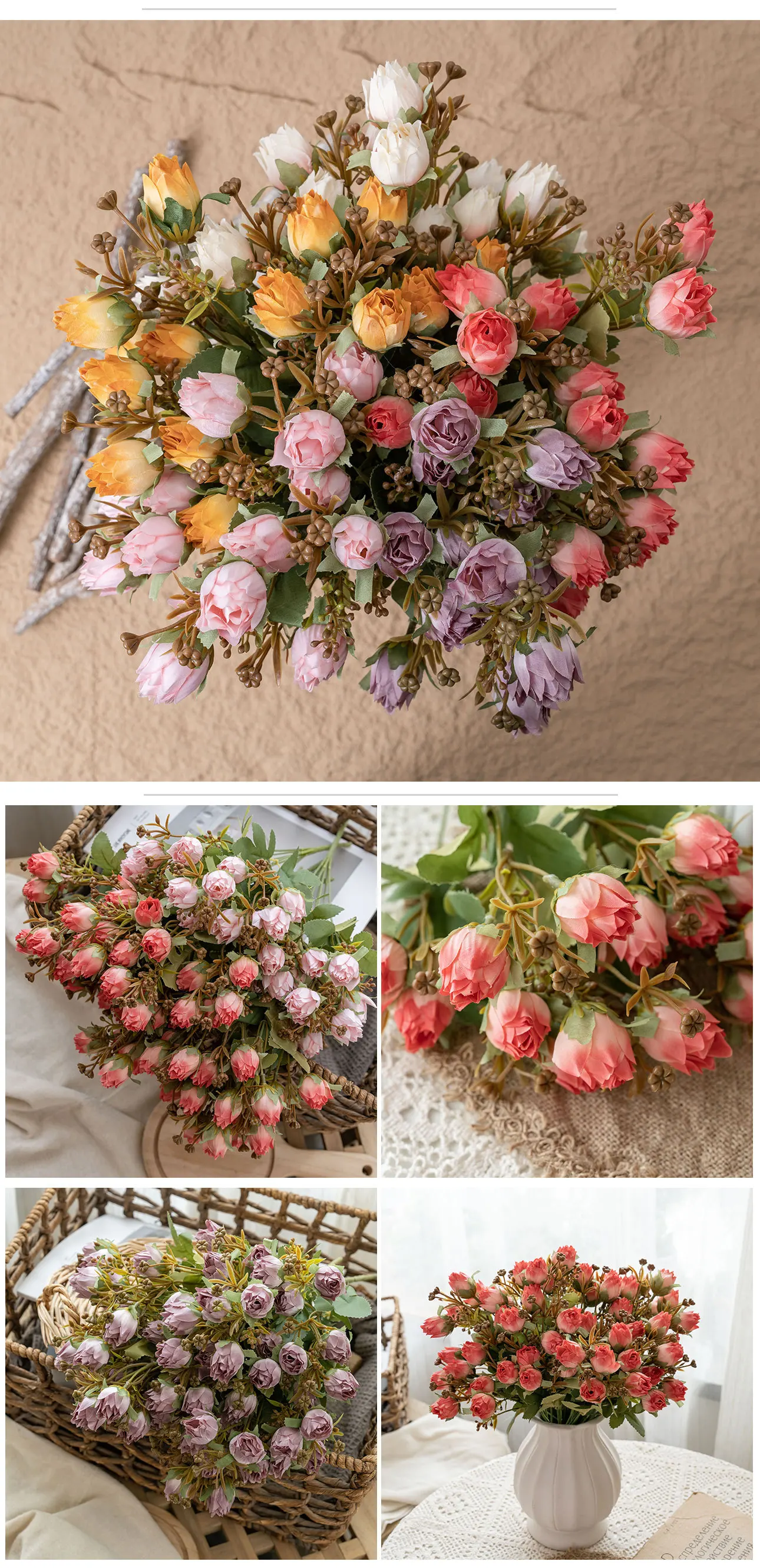 5 Stück Künstliche 7-Zackige Ananas-Rosen-Blumen Hochzeits-Brautstrauß Hochzeitsdekoration Seidenblumen für Partytisch und Heimdekoration – Detail 5