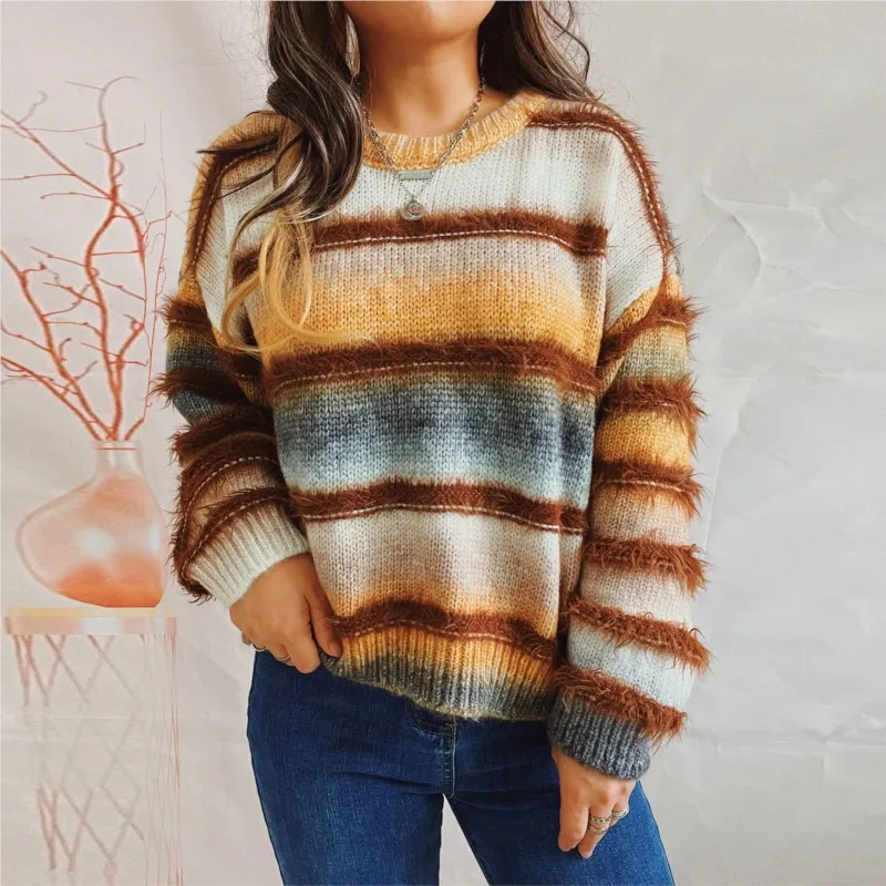 

Women's Fashionable Multi-color Gradient Knitted Top Casual Round Neck Long Sleeve Loose Pullover Sweater Autumn Versatile Top