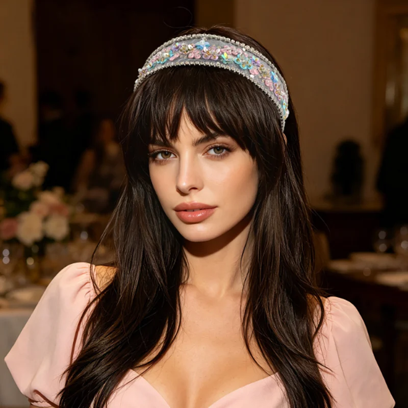 Colored Embroidered Flower Headband Rhinestones Mesh Wide Hair Hoop Girls Sweet Hairbands Versatile Daily Party Hair Accessories