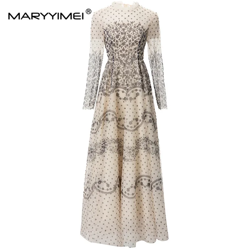 

MARYYIMEI Fashion Design Spring Summer Women's Ruffled Long-Sleeved Dot Print Dress High Street A-Line Dresses