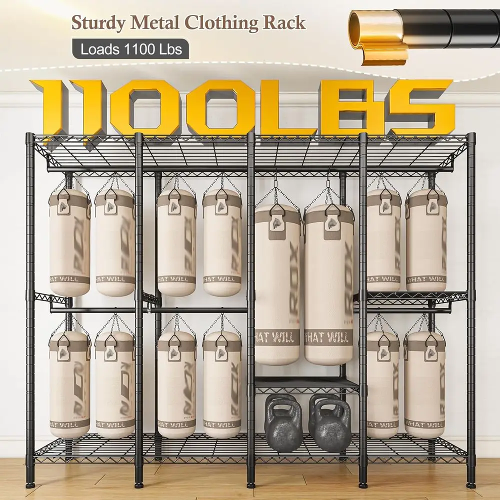 Heavy-Duty Garment Rack 1100LBS Capacity with Cover, 10 Shelves & 7 Rods, Adjustable Freestanding Portable Closet Rack Ideal for