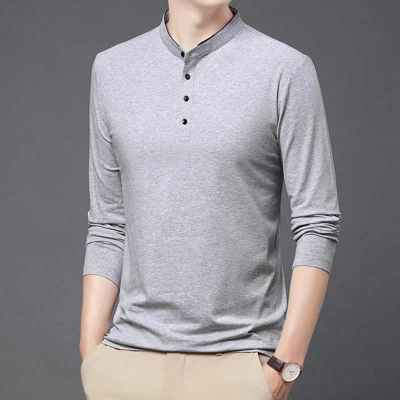 New Men's Business Casual Long Sleeved Cotton Solid Color Stand Up Collar Polo Shirt Fashionable Breathable Versatile Top