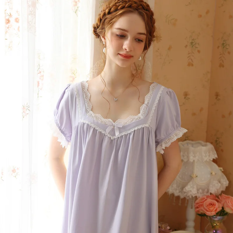 

Women Lace Cotton Short Sleeve Lolita Night Dress Feminine Summer Sweet Girls Victorian Princess High Quality French Victorian