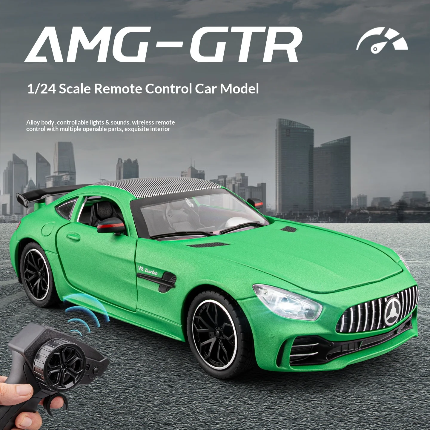 

Масштаб 1/24 с дистанционным управлением AMG-GTR, модель автомобиля из сплава, литой под давлением корпус, рулевое управление, подходит для детей более 6, игрушечный автомобиль, праздничные подарки