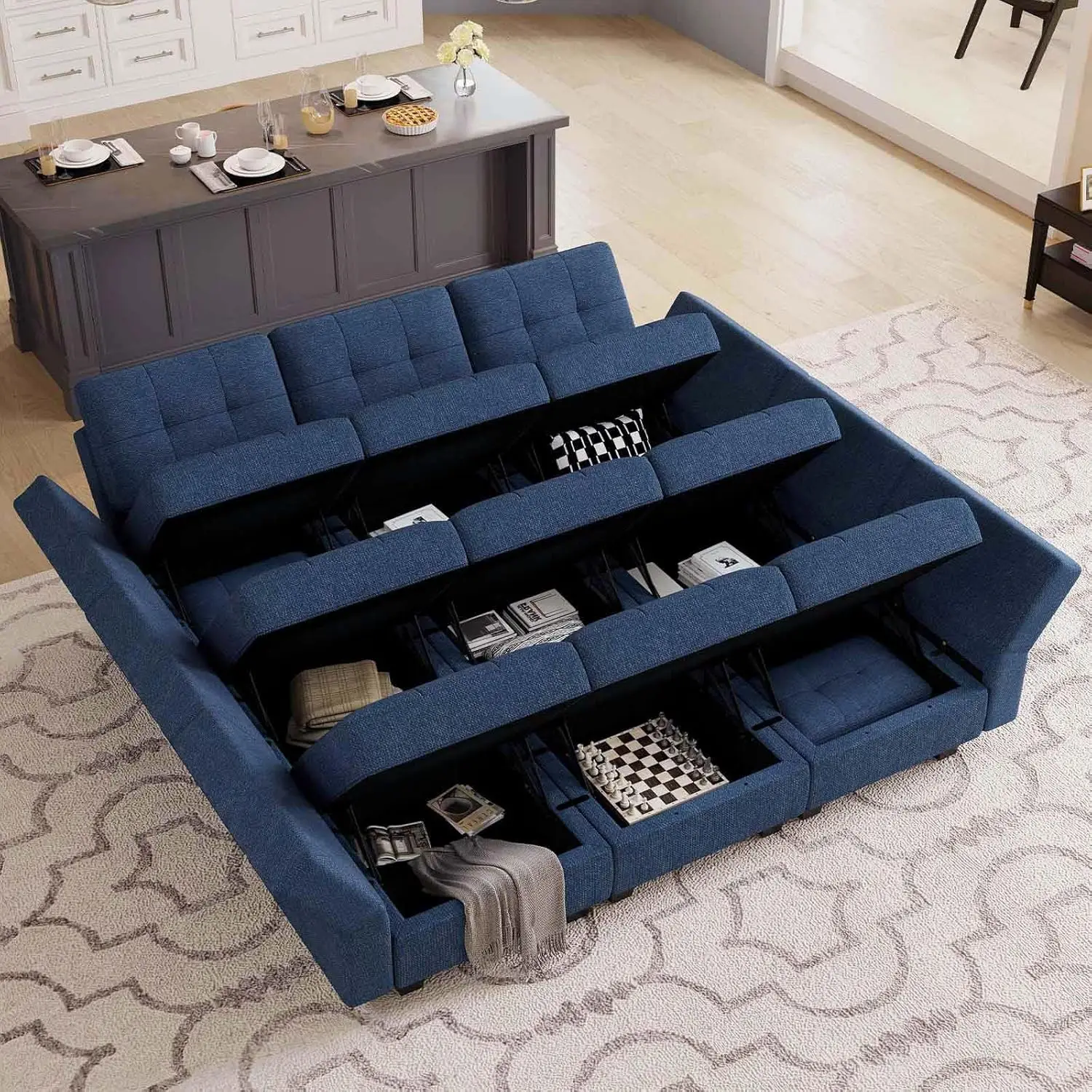 Modular Sectional Sleeper Sofa Couch with Storage Seat Reversible Modular Couch Oversized Sleeper Sectional Sofa Bed Set Blue