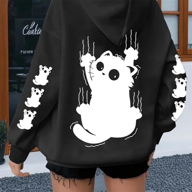 Scratch Cat Pattern Print Hoodies Autumn Winter Women Casual Fashion Funny Streetwear Pullover Long Sleeve Fleece Sweatshirts