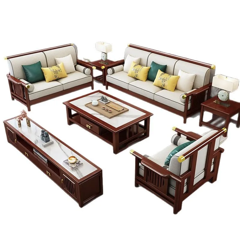 

Solid wood sofa Chinese modern villa wooden furniture combination classical zen four people