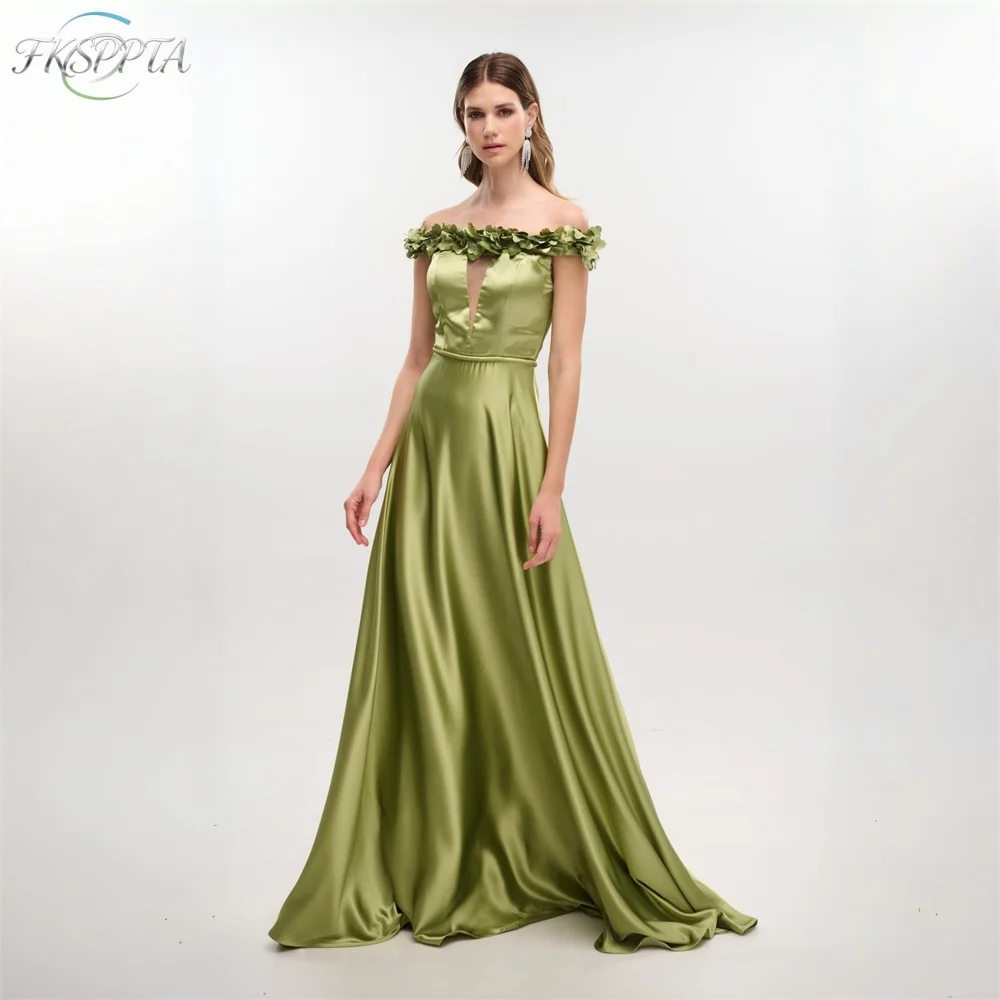 Vestido de Noche Largo Verde Oliva 2026 con Flores y Tirantes, Estilo A-Line, de Satén, para Invitadas de Boda, Fiesta o Graduación, Económico
