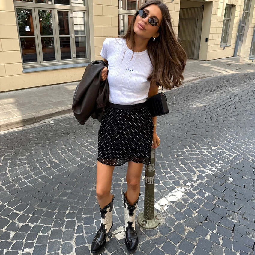 Linad Minigonne sexy a strati a pois Gonna in vita elastica in chiffon moda per donna Summer Street Chic Gonna corta Lady 2025