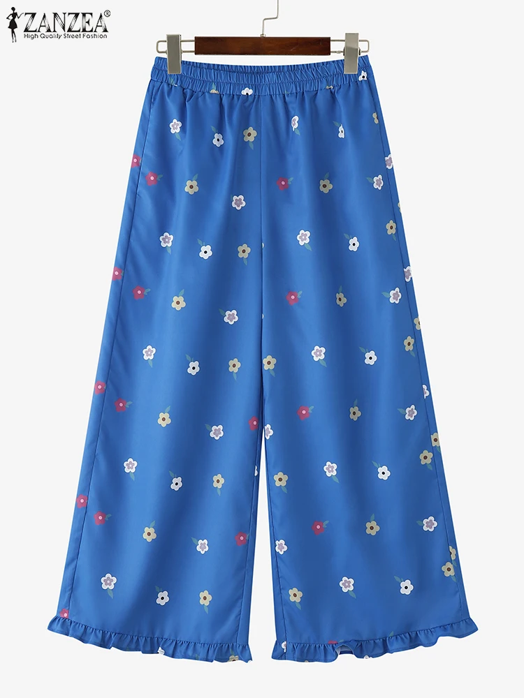 ZANZEA Korean Style Floral Printed Pants 2025 Women Vintgae Elastic Waist Wide Leg Trousers Casual Loose Pleated Bottoms
