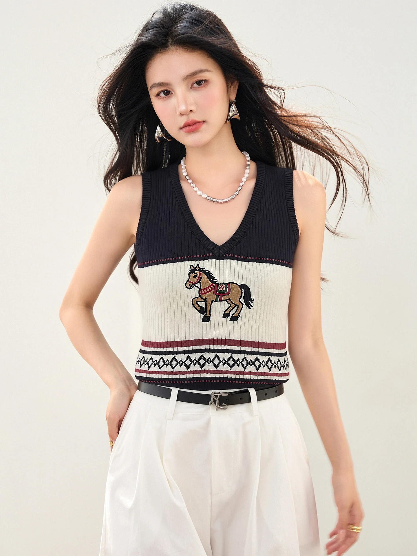 Summer Korean Style Women's Fashion Casual Color-block Jacquard Tank Top V-neck Cute Pony Slim-fit Versatile Sleeveless Top
