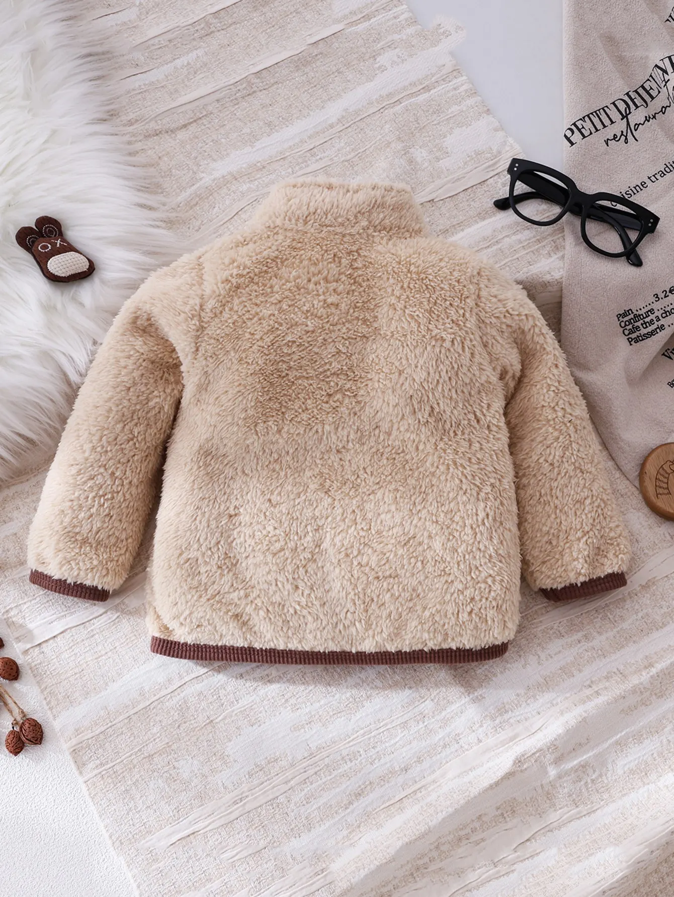 Children's Autumn Winter Plush Jacket | Brown And White Color Block Stand Collar Soft Material + Cute Pockets Warmth And Aesthet