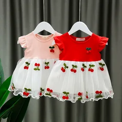 Summer Baby Girls Clothes for Girls Cherry Embroidery Toddler Princess Dresses Mesh Tulle Infant Birthday Party Dress 0-3Years