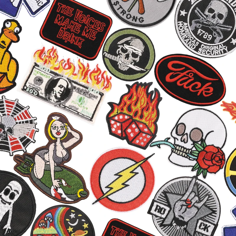 Patch Thermo collant Rock Punk Feuer Blitz Schädel für Kleidung Eisen auf Puffer Jacke Designer gestickte Nähen Abzeichen Rucksack a – Detail 1