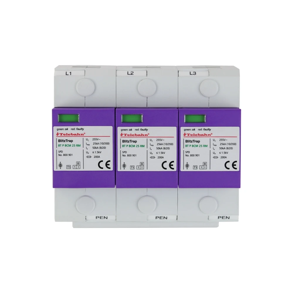 T1+T2 AC SPD Surge Protection Device Telebahn 255V 25kA 3 Poles TN-C DPS Surge Suppressor for Three-Phase Four-Wire System