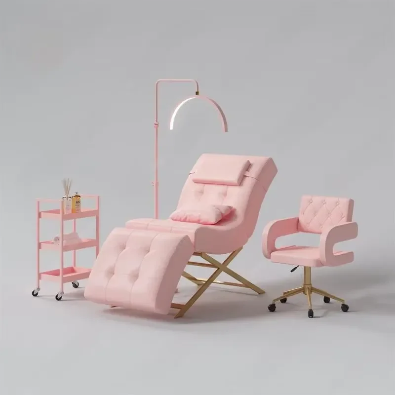 Popular Modern Salon Furniture Adjustable Treatment Curved Facial Bed Pink Leather Eyelash Bed and Chair Set