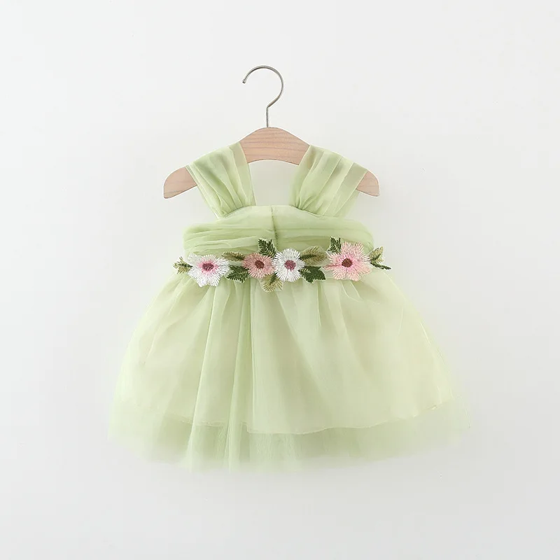 Summer girls dress baby girl embroidered flower decoration solid color mesh cute suspender fluffy skirt