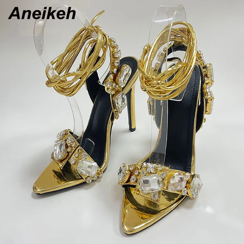 Aneikeh 2024 Summer Golden Sandals High Heels Women Diamond Bling Crystalpointed bandage Shoes Ankle Buckles Strap Sandals 35-42