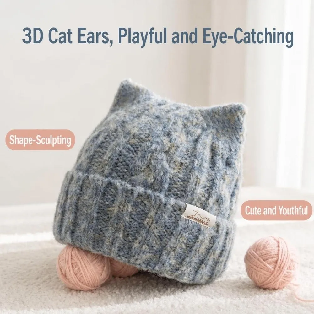 Thick Warm Cat Ear Beanie Hat Cuffed Style 56-58cm Circumference Acrylic Knitted Hat Face Slimming Design Fall Winter Skull Cap