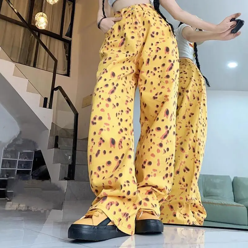 Frühling und Herbst Neue frauen Hohe Taille Gerade Bein Breite Bein Hosen Amerikanischen Retro Leopard Muster Hot Girl Jeans mode