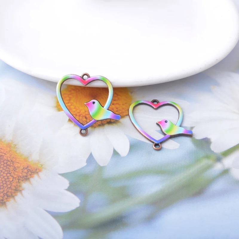 12 Stück Sommer-Legierungs-Vogel-Blumen-Verbindungsstück-Set, zwei Löcher, Herzanhänger, Schmuckzubehör, Boho-Anhänger, DIY-Halsketten- und Ohrring-Set für Damen – Detail 9