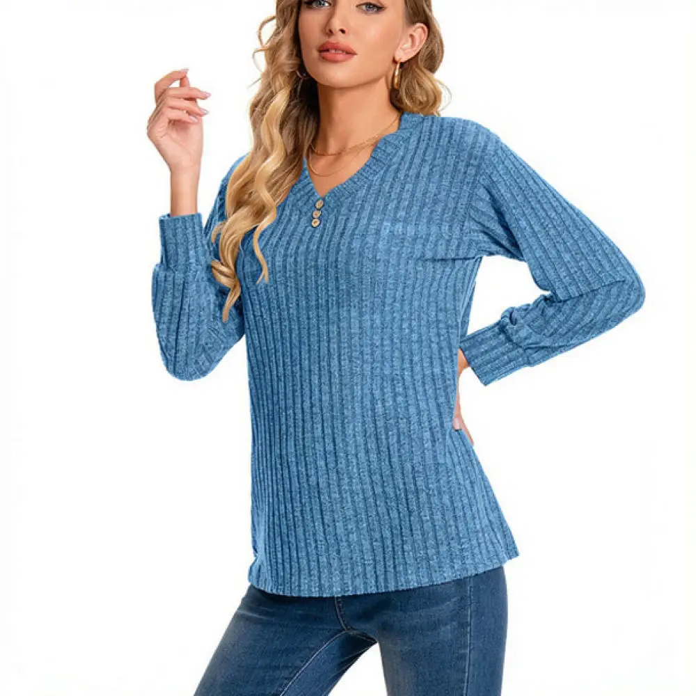 Autumn Winter Womens Sweater V Neck Long Sleeve Pullover Soft Brushed Ribbed Knit Elegant Slim Fit Casual Solid Tops