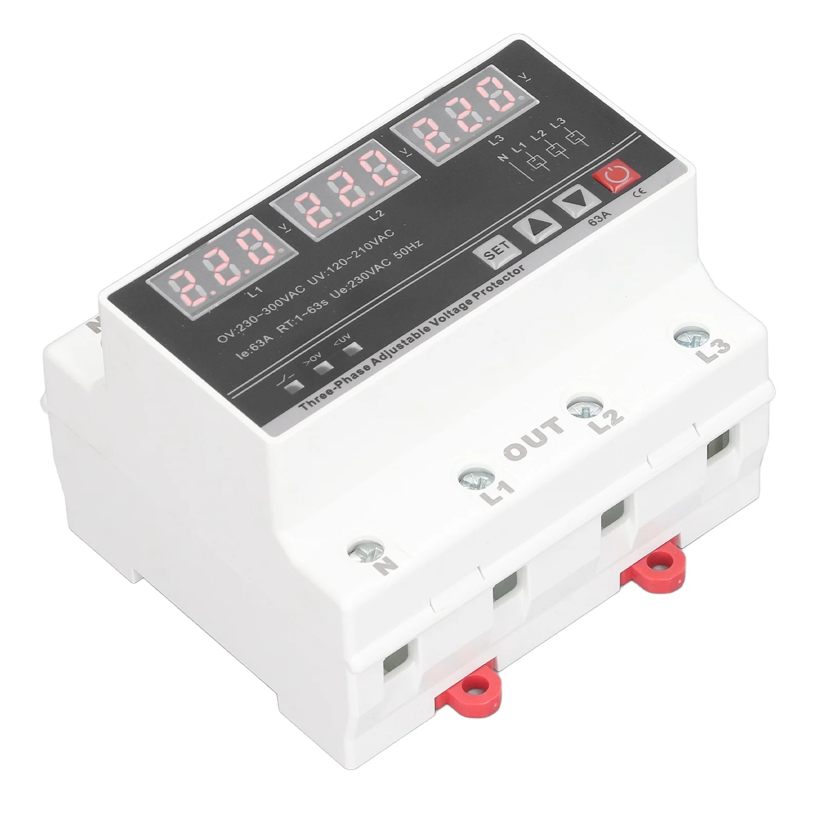 3 Phase Adjustable Protector Over Under Voltage Current Protection Device DIN Rail Mount AC120V‑300V 63A