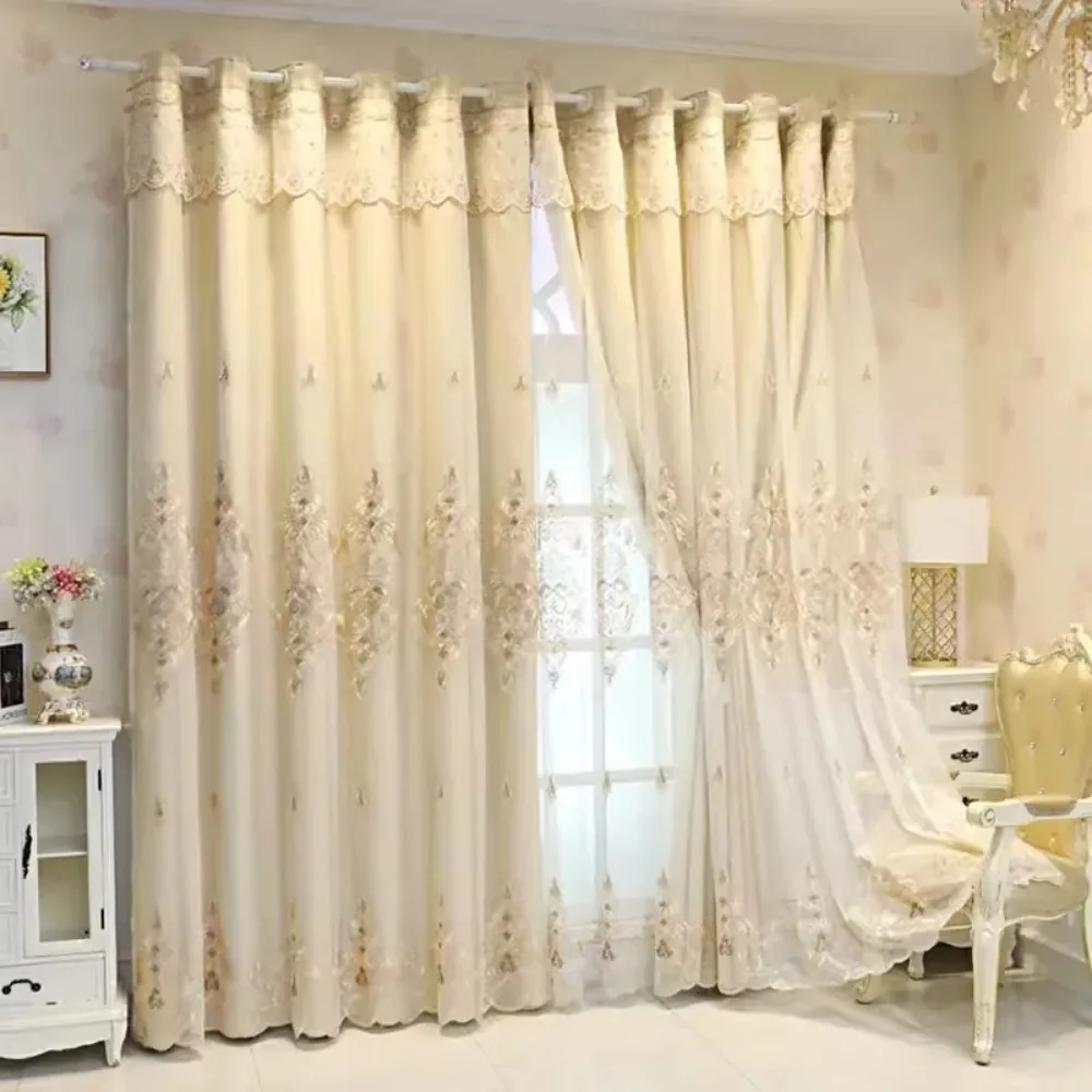 

European Elegant Embroidery Double Layer Blackout Curtains with Lace Beige High Precision Fabric for Living Room Bedroom