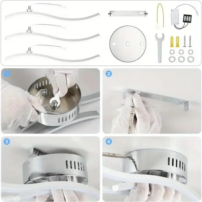 ‌21W 5500K LED 3-Arm Chandelier with Wavy Design, Modern Ceiling Light for Living Room Bedroom Kitchen Hallway