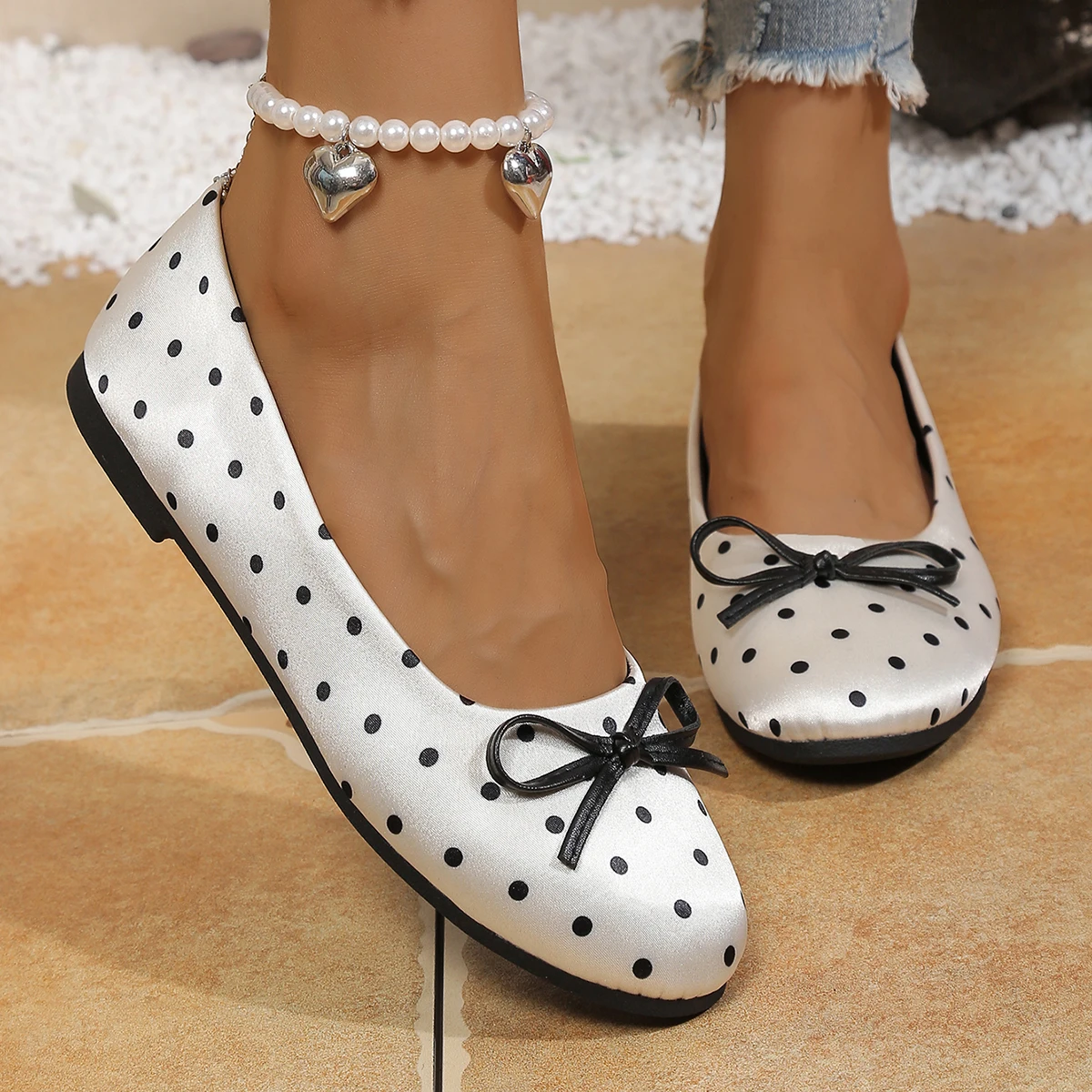 Damen-Ballerinas mit Polka-Dot-Muster und Schleife, runde Zehenpartie, Slip-On, lässige flache Schuhe – Detail 12