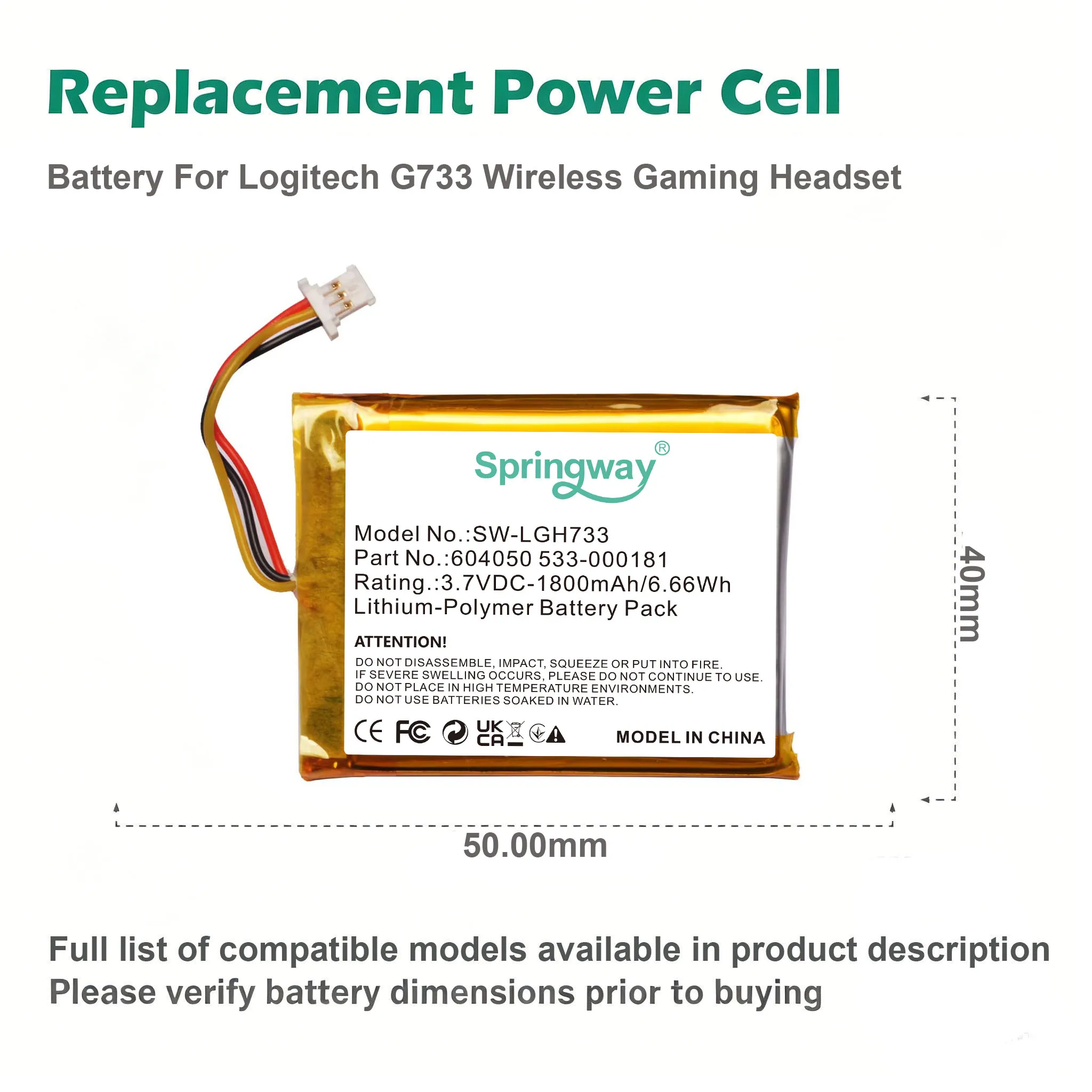 1800mAh 3.7V Replacement Battery For Logitech G733 LightSpeed Wireless Game Headset Headphones 604050 533-000181 Batteries