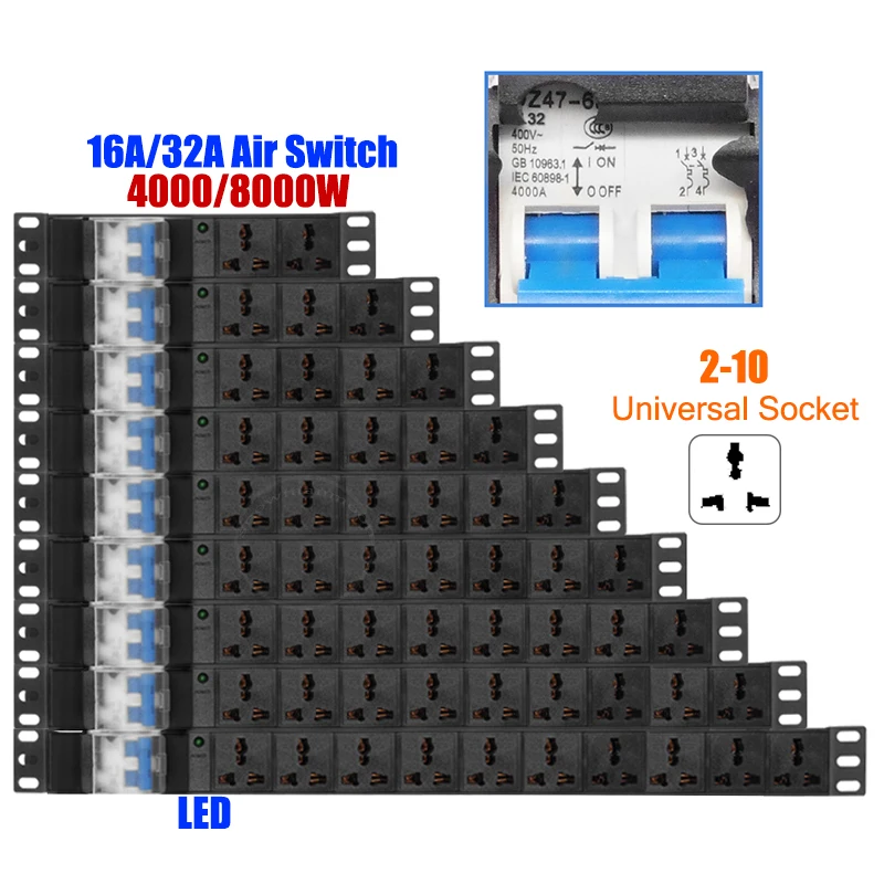 Network Rack PDU Power Strip High-power 4000W/8000W 16A/32A Air Switch 2-10 Ways Universal Socket Without Wire Wiring Board