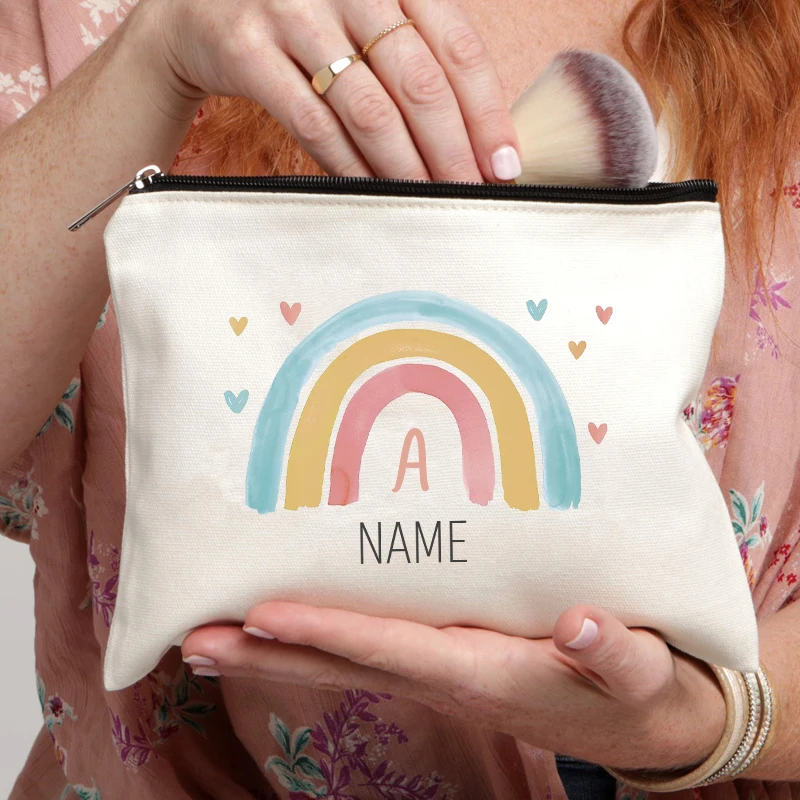 Love Rainbow Letter Cosmetic Bag Customize Name Canvas Zipper Pouch Lipstick Perfume Makeup Bags Pencil Case Teacher Bride Gift