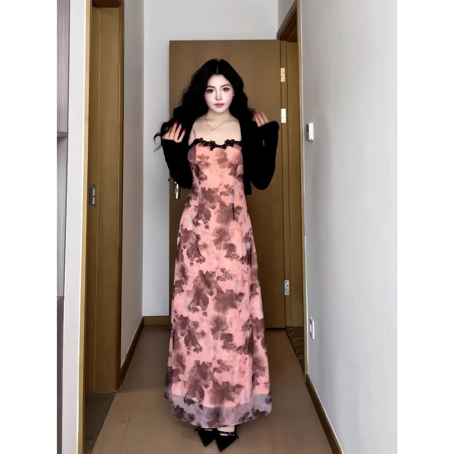 Floral Print Slimming Strap Long Dress Fashionable Autumn Winter Two-Piece Set Elegant Casual H-Shape Print Dresses