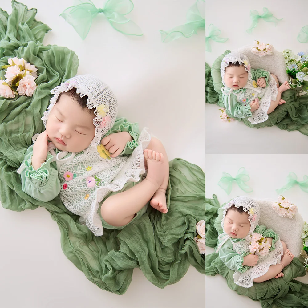 Spring Garden Theme Newborn Photo Prop Set, Sweet Green Floral Baby Outfit with Lace Bonnet and Decorative Bow, Soft Comfortable