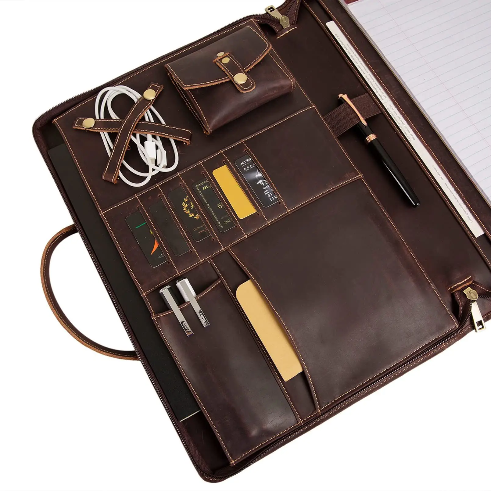 Cowhide retro style portable briefcase multi-functional storage folder 15.6 inch computer bag